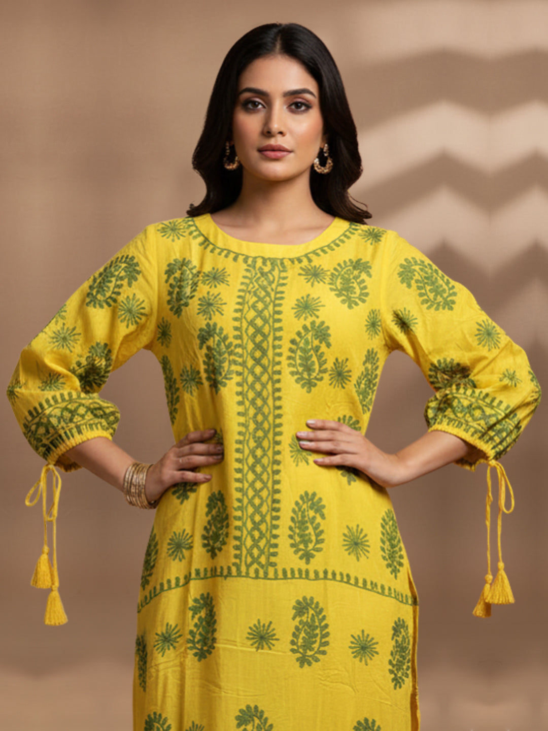 Hand Embroidered Chikankari Rayon Jalabiya-AL4048 Yellow