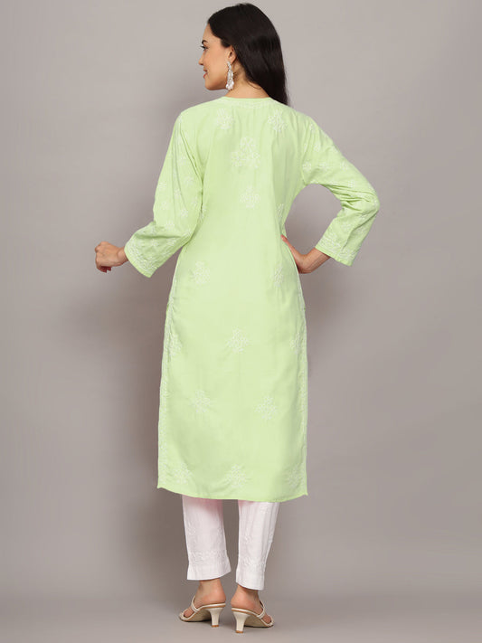 Women Hand Embroidered Chikankari Cotton Kurta-AL4043 Green