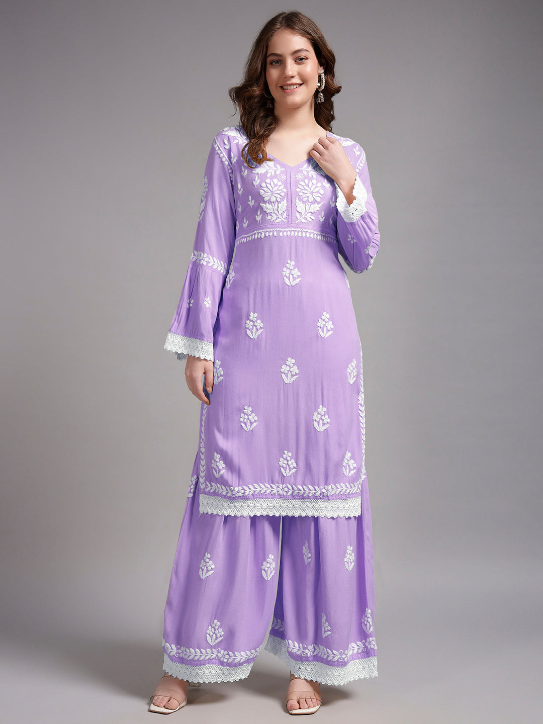 Women Hand Embroidered Lucknowi Chikankari Rayon Kurta Set-AL4077KS Lavender