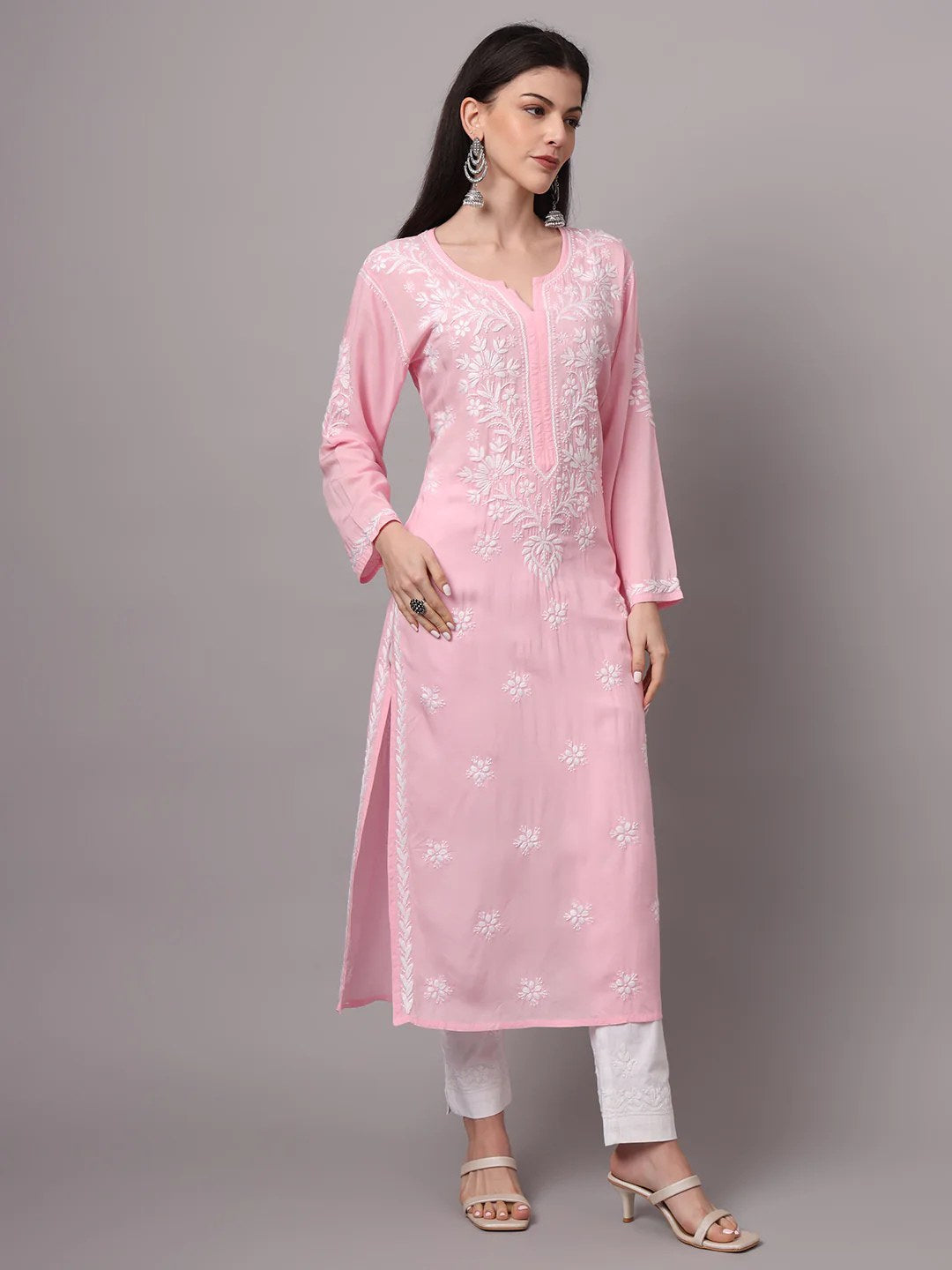 Women Hand Embroidered Chikankari Modal Kurta-AL4059 Pink