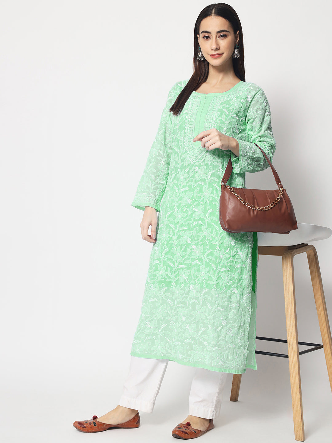 Women Hand Embroidered Chikankari Cotton Straight Kurta- AL3592 Green