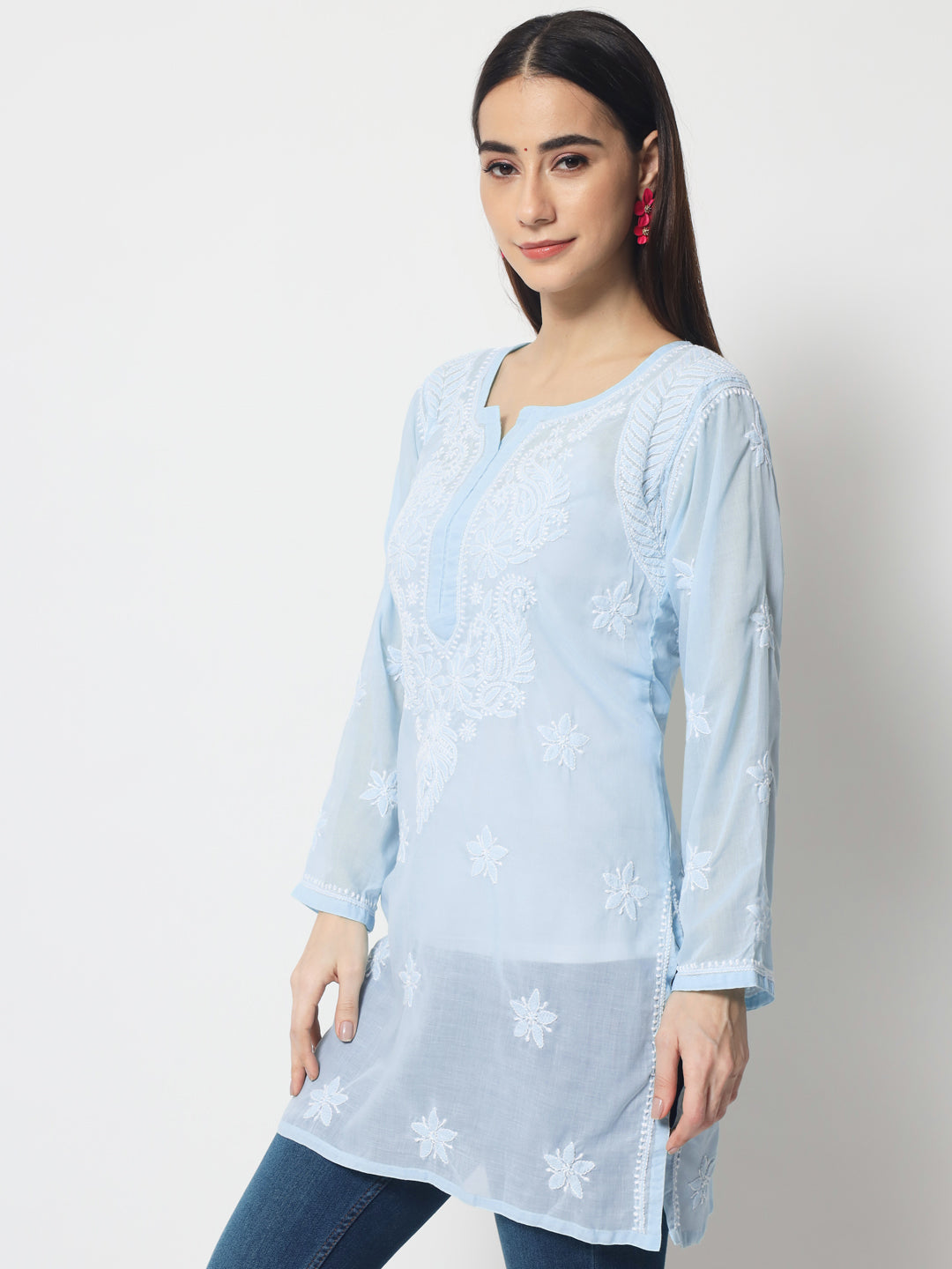 Hand Embroidered Chikankari Cotton Straight Kurti-AL3595 Blue
