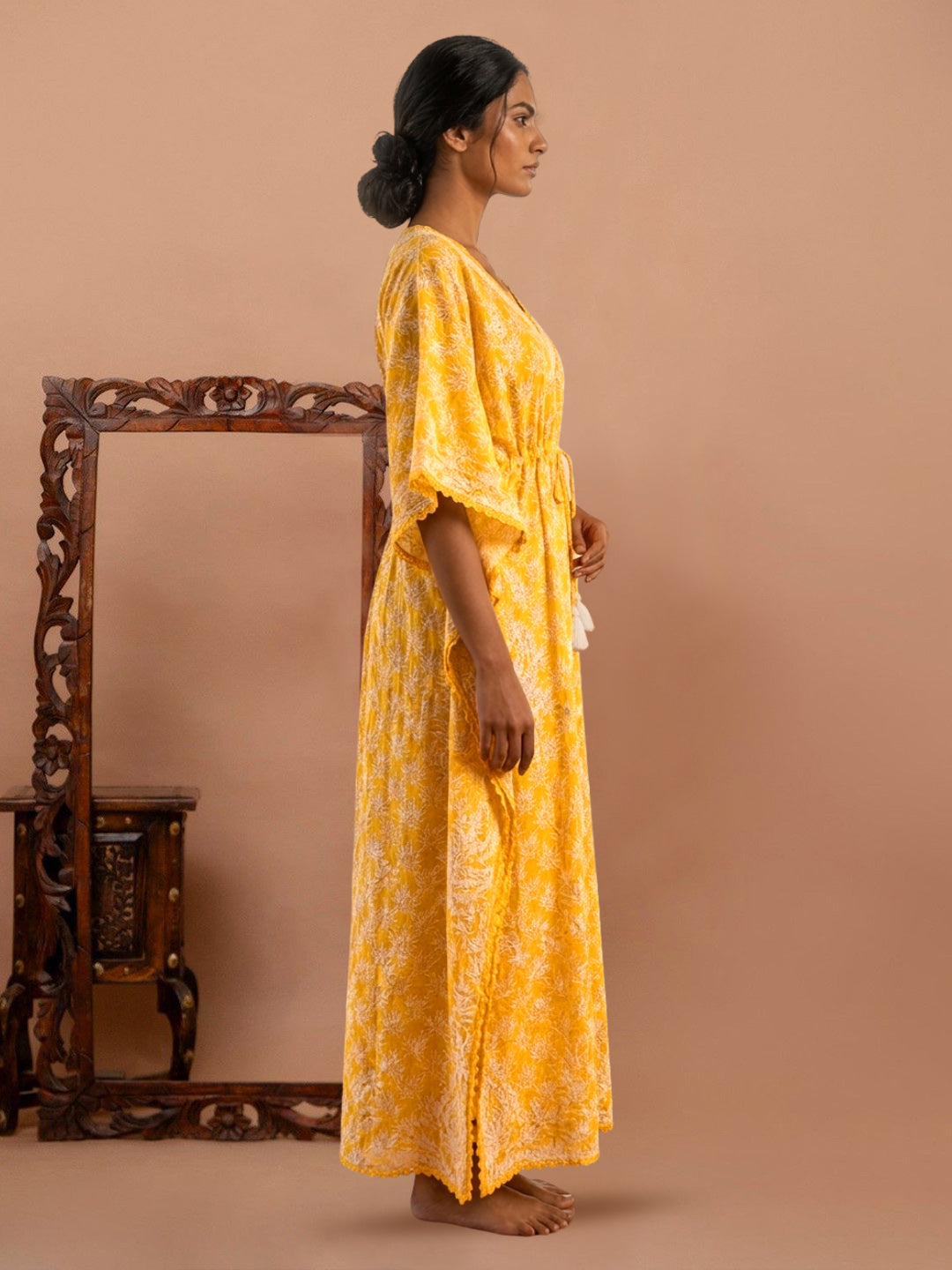 Hand Embroidered Chikankari Cotton Kaftan-AL3833 New Yellow