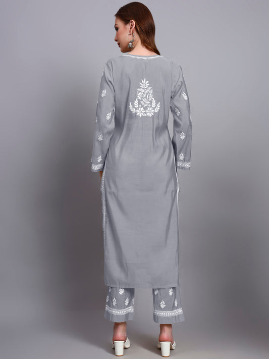 Women Hand Embroidered Chikankari Chanderi Kurta Set-AL4089KS Grey