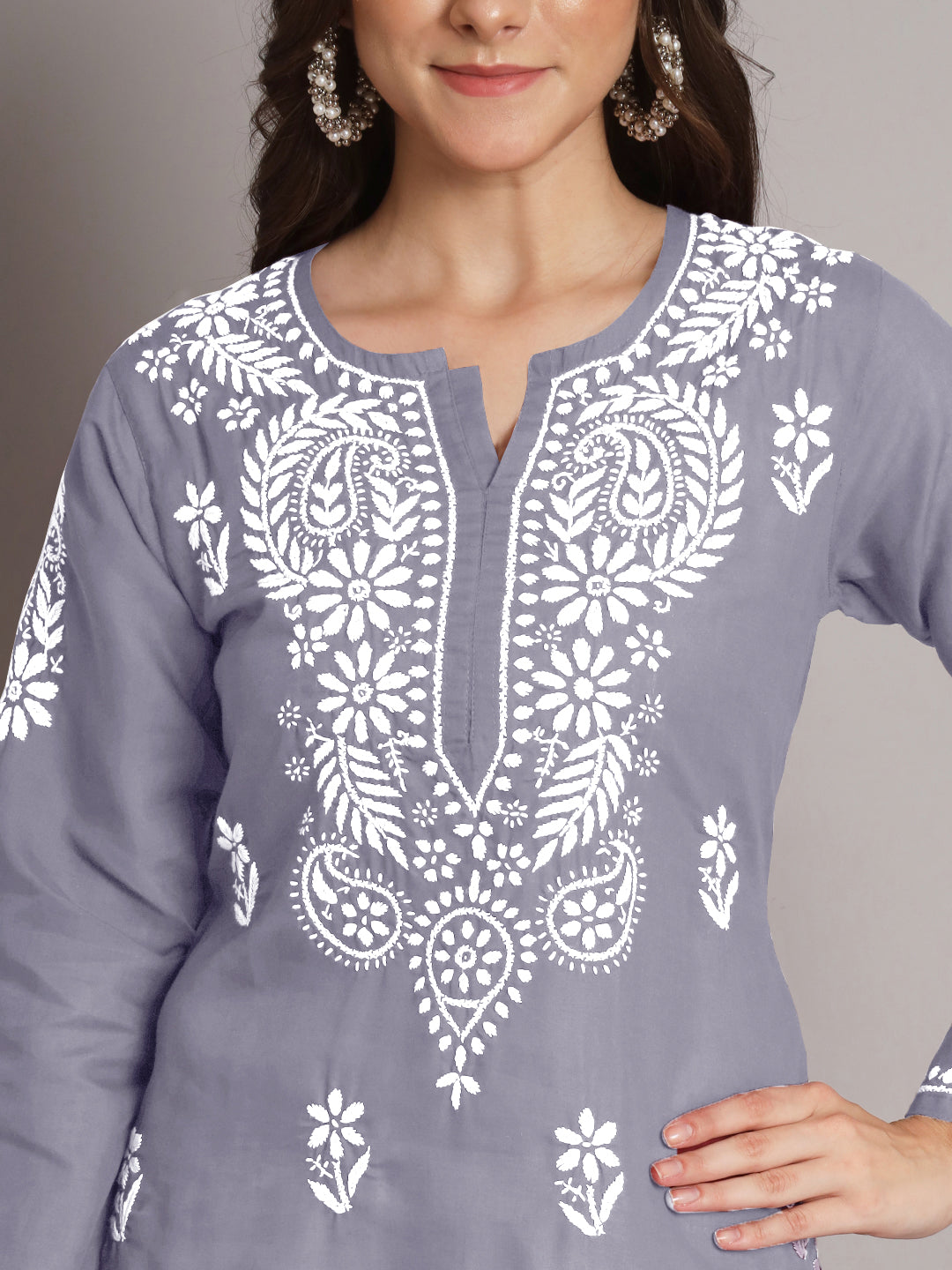 Hand Embroidered Chikankari Cotton Straight Kurta- AL3561 Grey