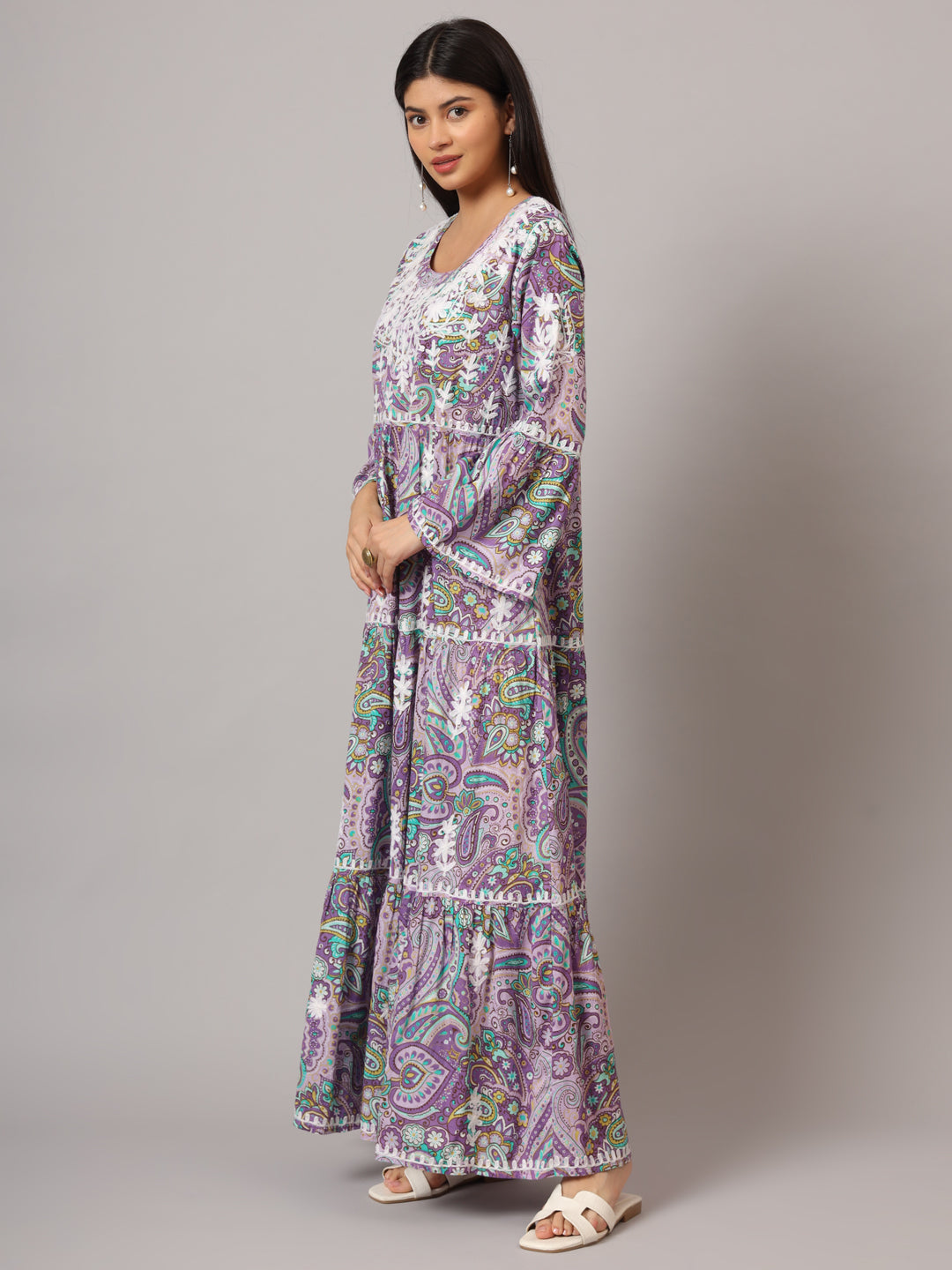 Hand Embroidered Chikankari A-Line Gathering Pattern Mulmul Cotton Jalabiya-AL3673 Lavender & Green