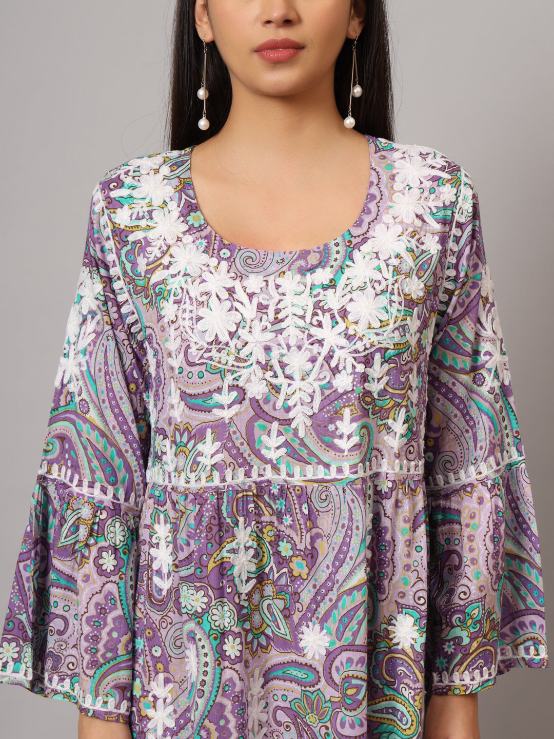 Hand Embroidered Chikankari A-Line Gathering Pattern Mulmul Cotton Jalabiya-AL3673 Lavender & Green