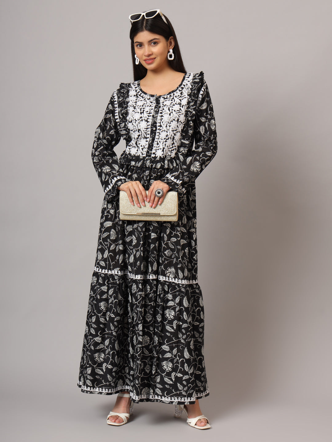 Hand Embroidered Chikankari A-Line Gathering Pattern Mulmul Cotton Jalabiya-AL3941 Black