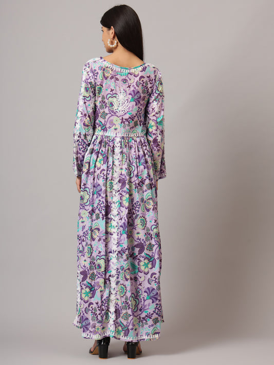 Hand Embroidered Lucknowi Chikankari Printed Mulmul Cotton Jalabiya-AL3936 Mauve & Blue