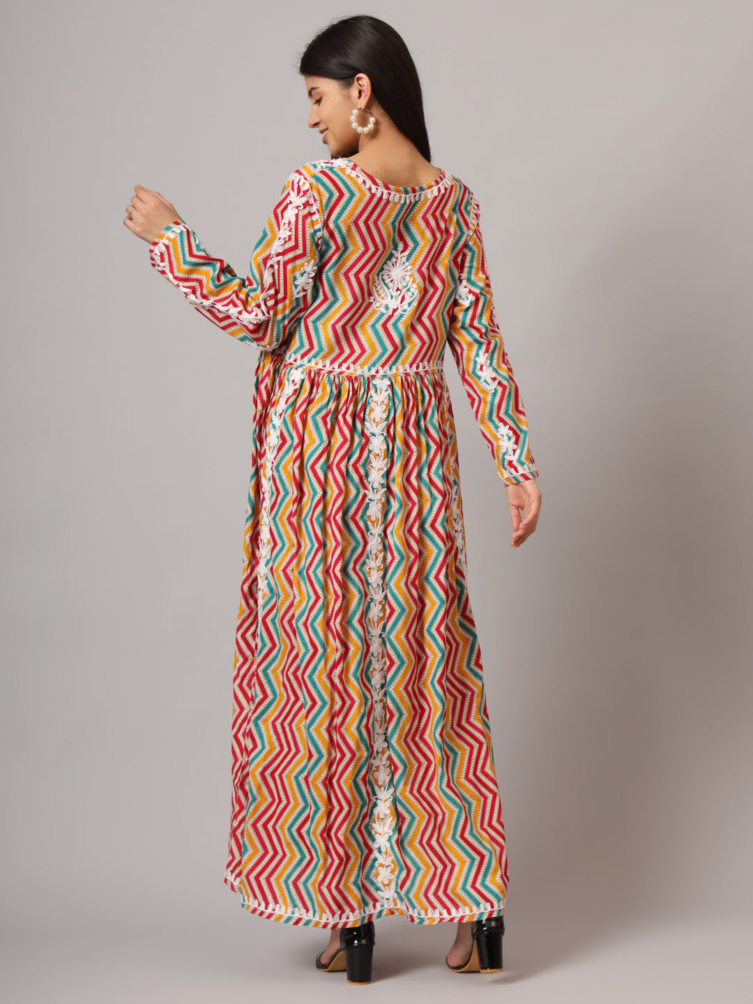 Hand Embroidered Lucknowi Chikankari Printed Mulmul Cotton Jalabiya-AL3936 Mustard & Pink