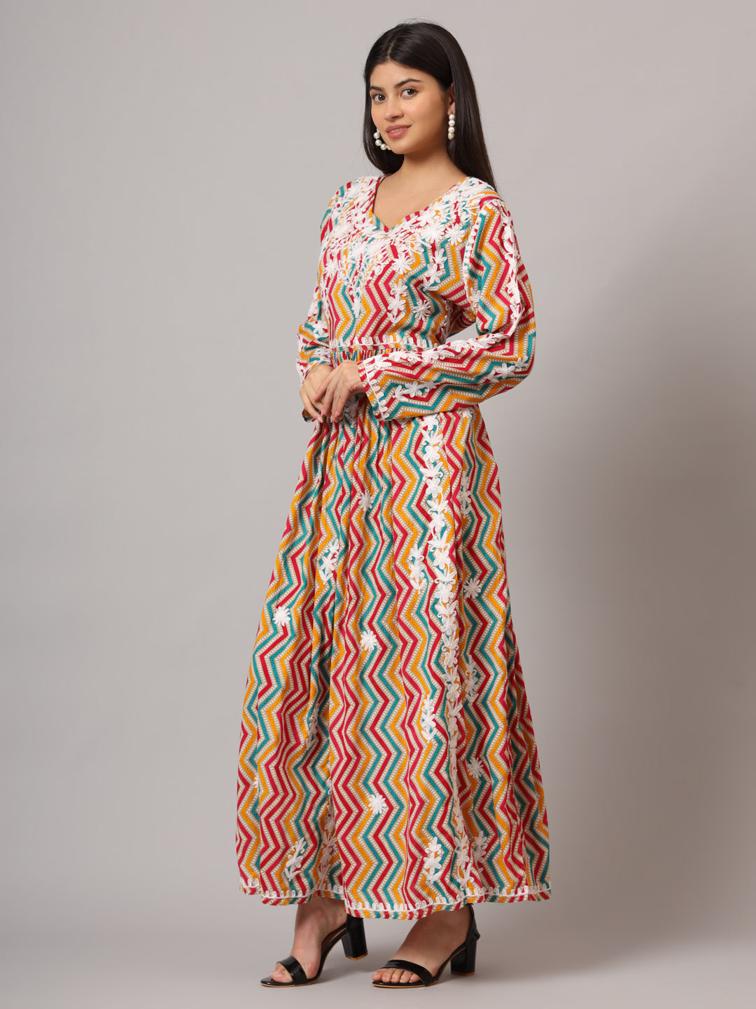 Hand Embroidered Lucknowi Chikankari Printed Mulmul Cotton Jalabiya-AL3936 Mustard & Pink