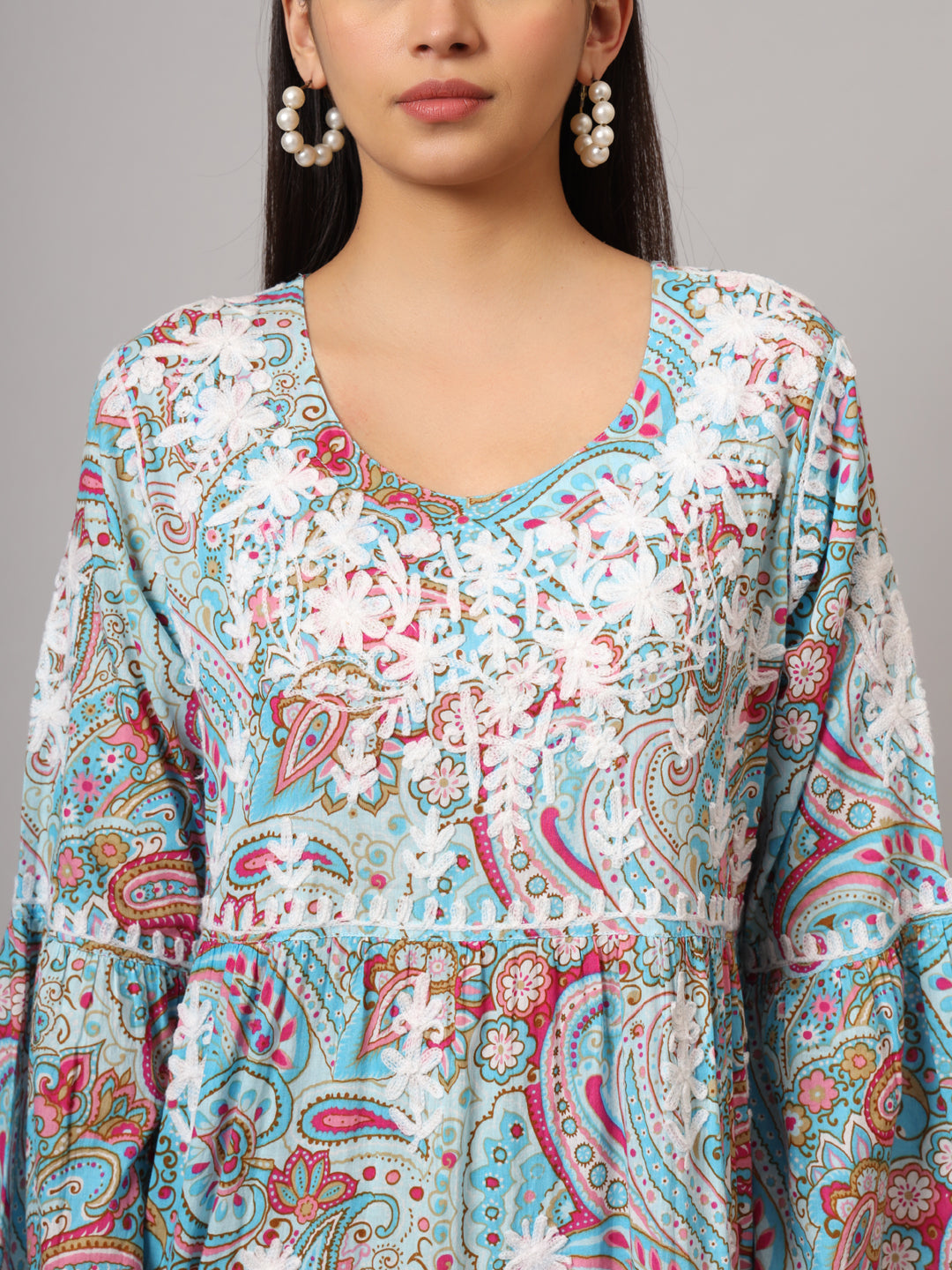 Hand Embroidered Chikankari A-Line Gathering Pattern Mulmul Cotton Jalabiya-AL3673 Grey & Red