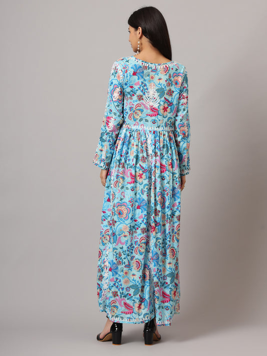 Hand Embroidered Lucknowi Chikankari Printed Mulmul Cotton Jalabiya-AL3936 Blue