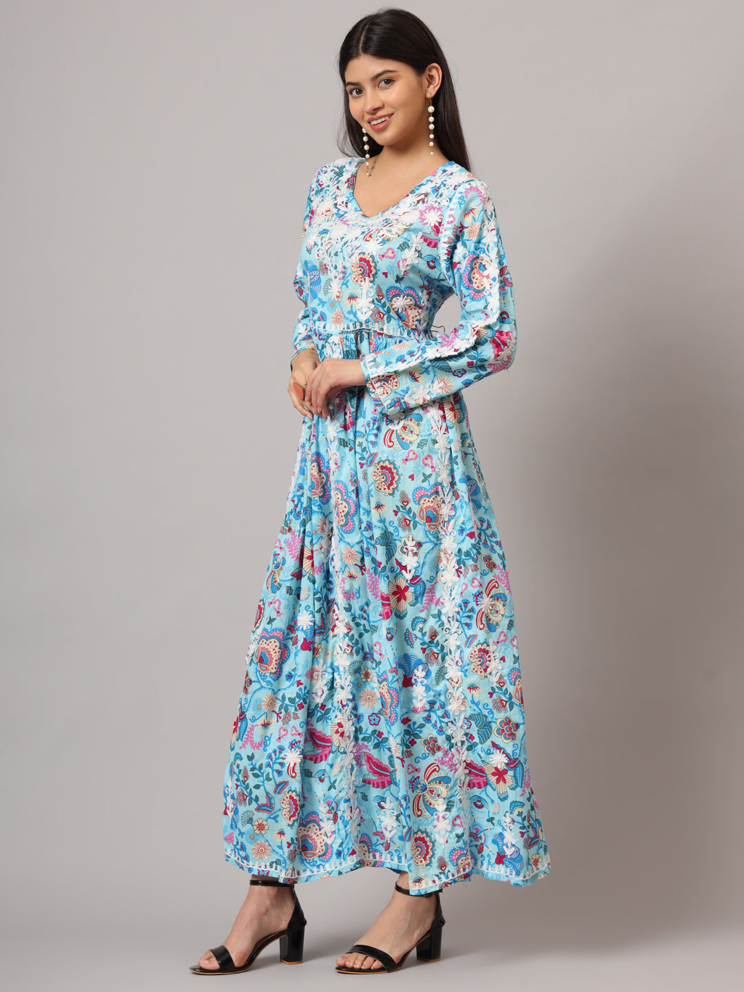 Hand Embroidered Lucknowi Chikankari Printed Mulmul Cotton Jalabiya-AL3936 Blue