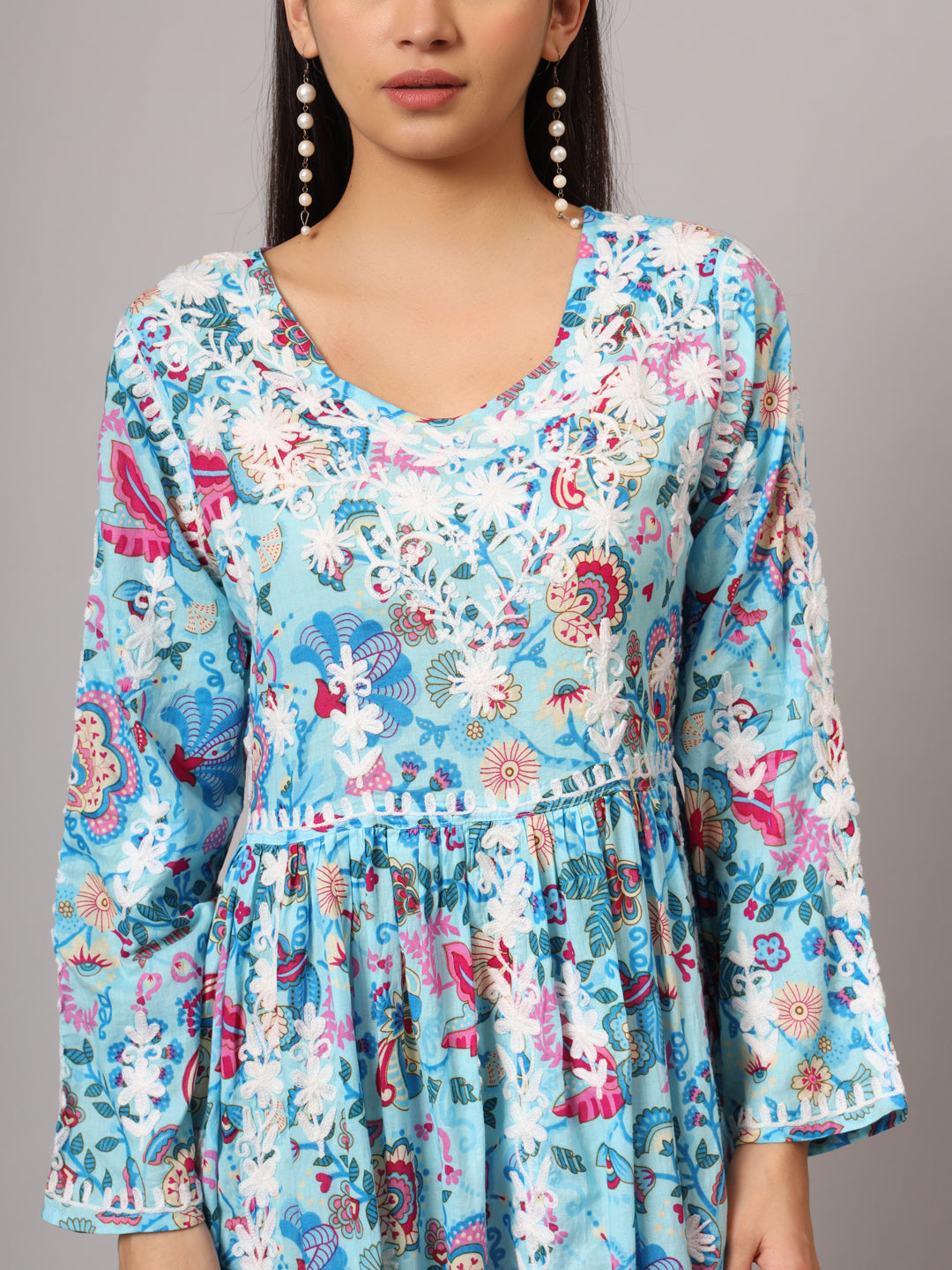 Hand Embroidered Lucknowi Chikankari Printed Mulmul Cotton Jalabiya-AL3936 Blue