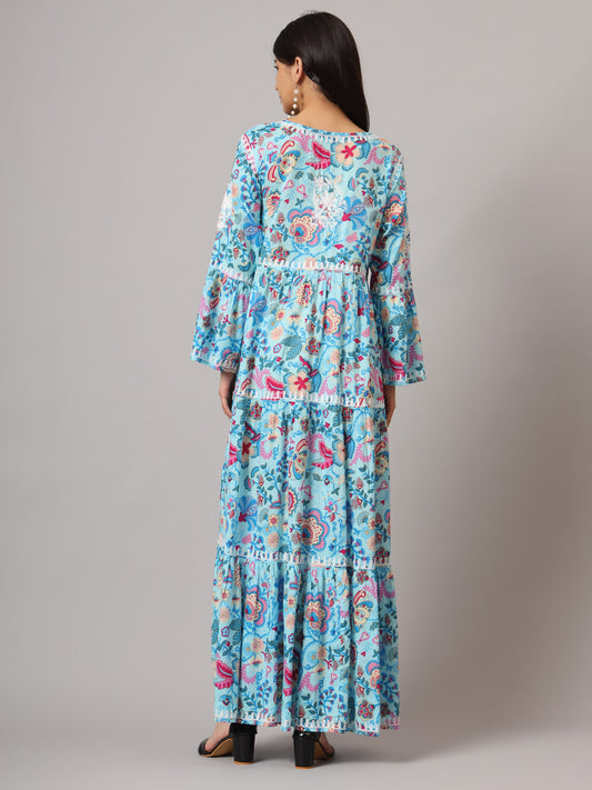 Hand Embroidered Chikankari A-Line Gathering Pattern Mulmul Cotton Jalabiya-AL3673 Blue & Pink