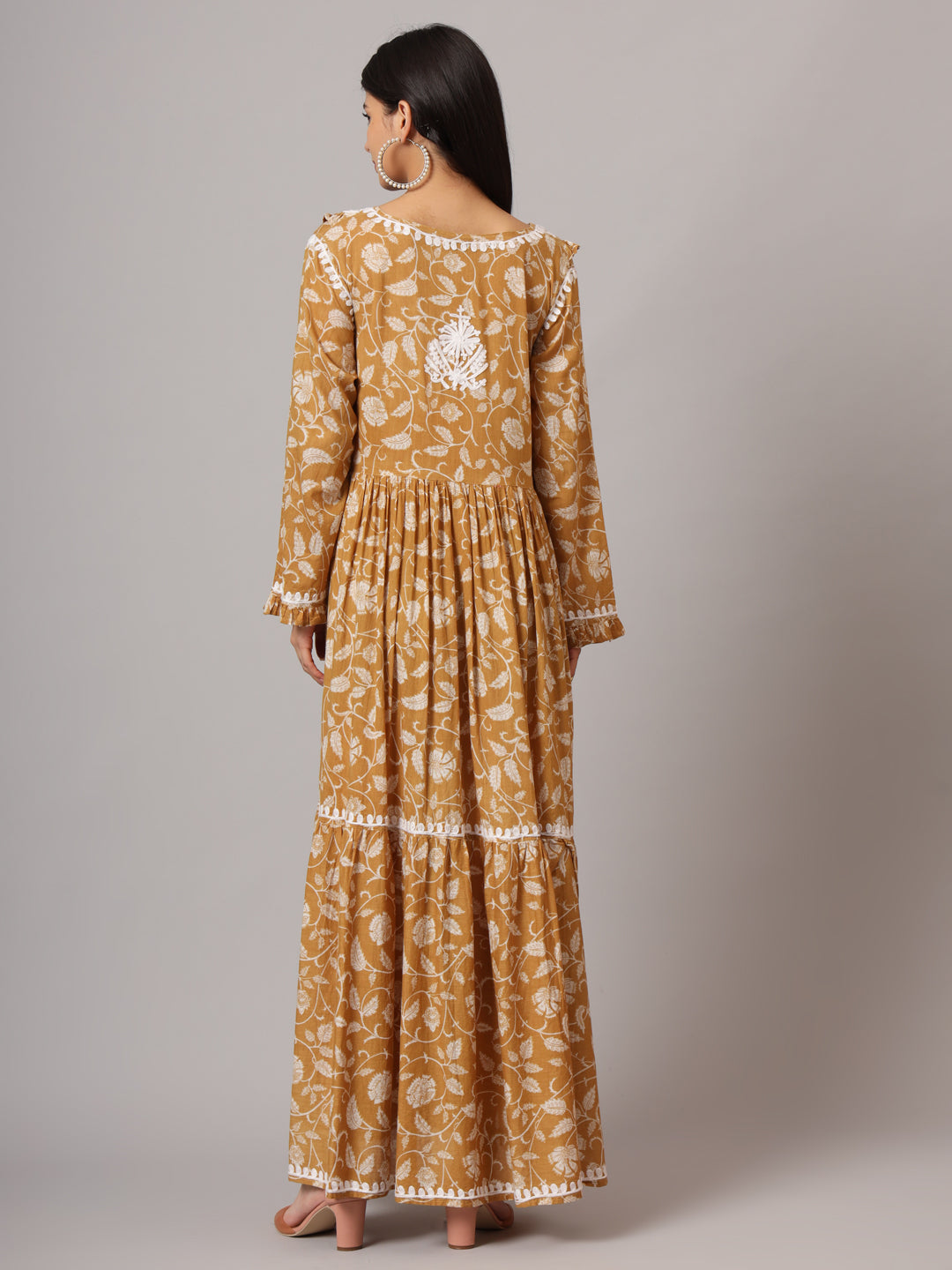 Hand Embroidered Chikankari A-Line Gathering Pattern Mulmul Cotton Jalabiya-AL3941 Beige