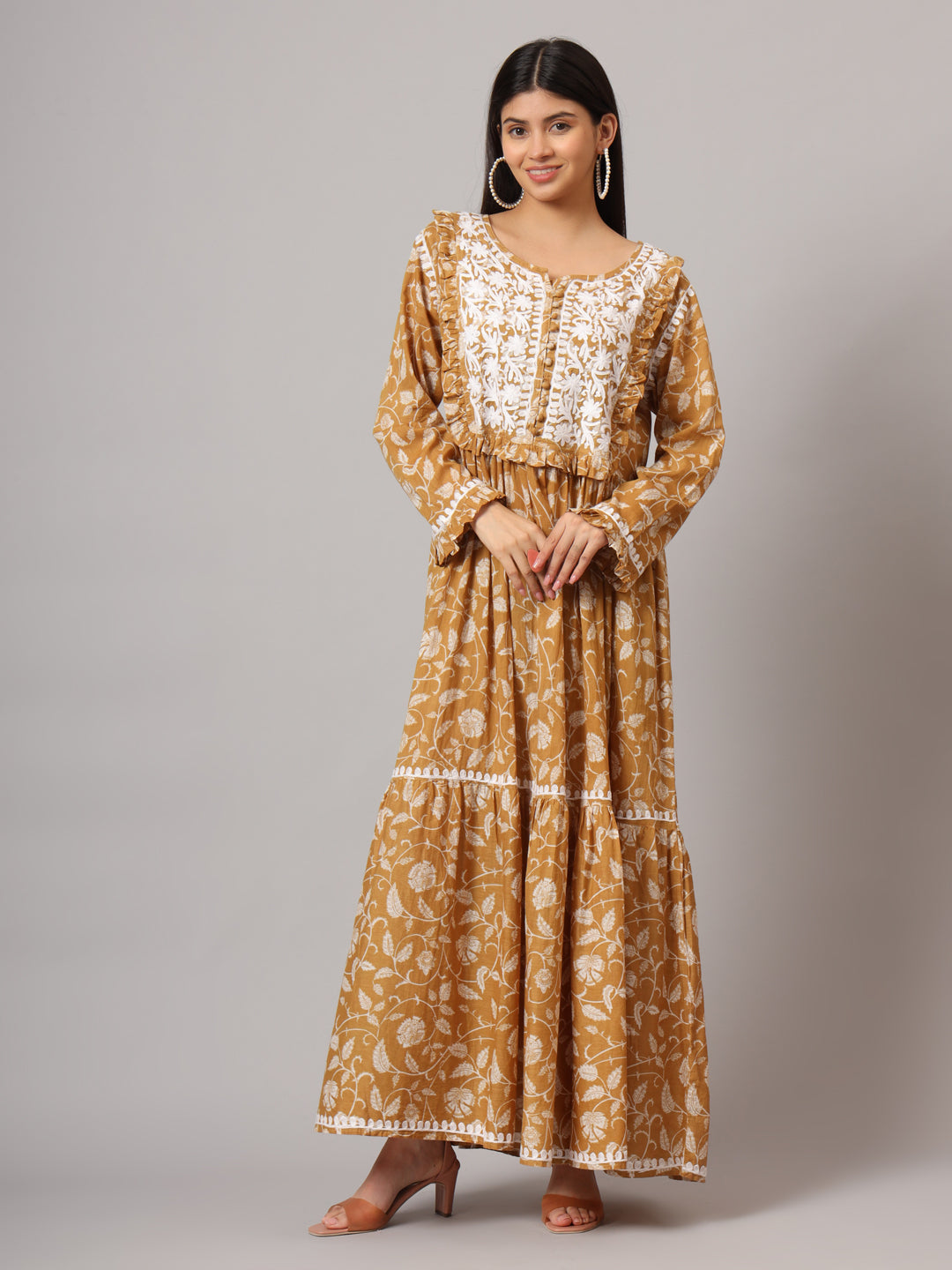 Hand Embroidered Chikankari A-Line Gathering Pattern Mulmul Cotton Jalabiya-AL3941 Beige