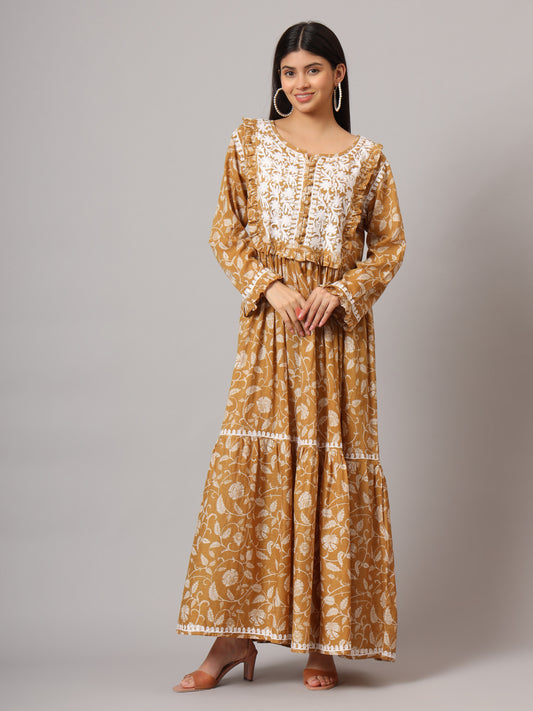 Hand Embroidered Chikankari A-Line Gathering Pattern Mulmul Cotton Jalabiya-AL3941 Beige
