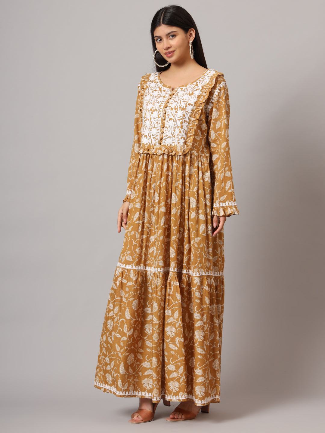Hand Embroidered Chikankari A-Line Gathering Pattern Mulmul Cotton Jalabiya-AL3941 Beige
