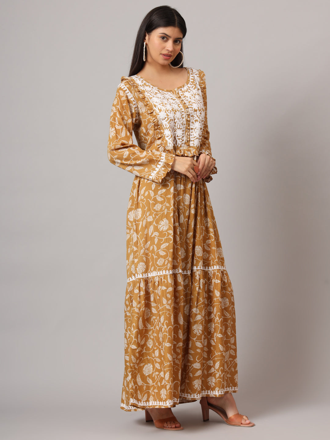 Hand Embroidered Chikankari A-Line Gathering Pattern Mulmul Cotton Jalabiya-AL3941 Beige
