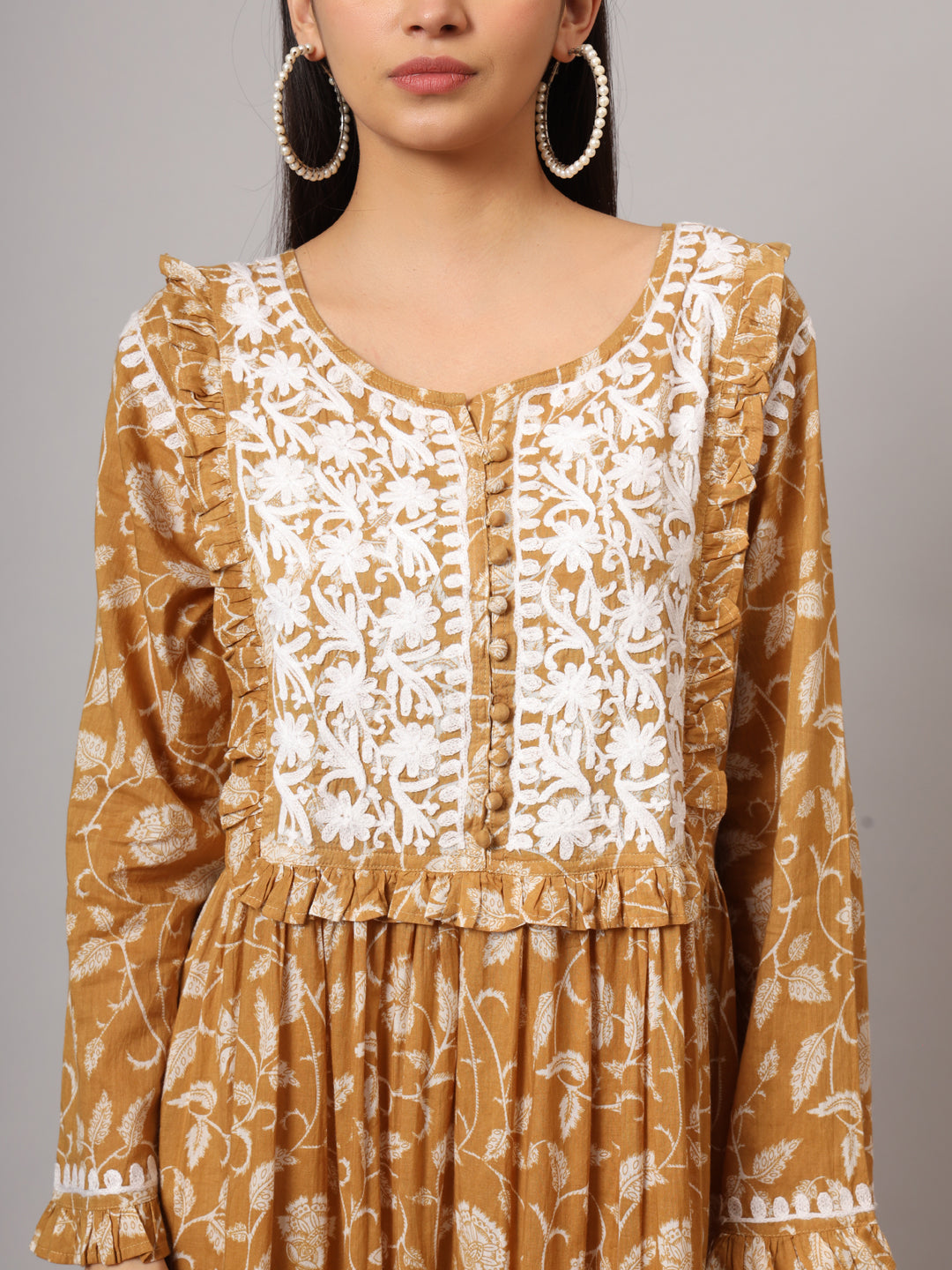 Hand Embroidered Chikankari A-Line Gathering Pattern Mulmul Cotton Jalabiya-AL3941 Beige