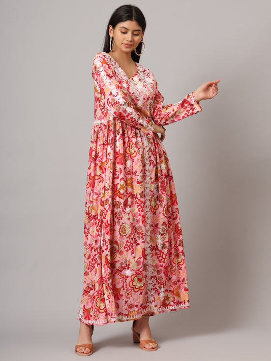 Hand Embroidered Lucknowi Chikankari Printed Mulmul Cotton Jalabiya-AL3936 Coral