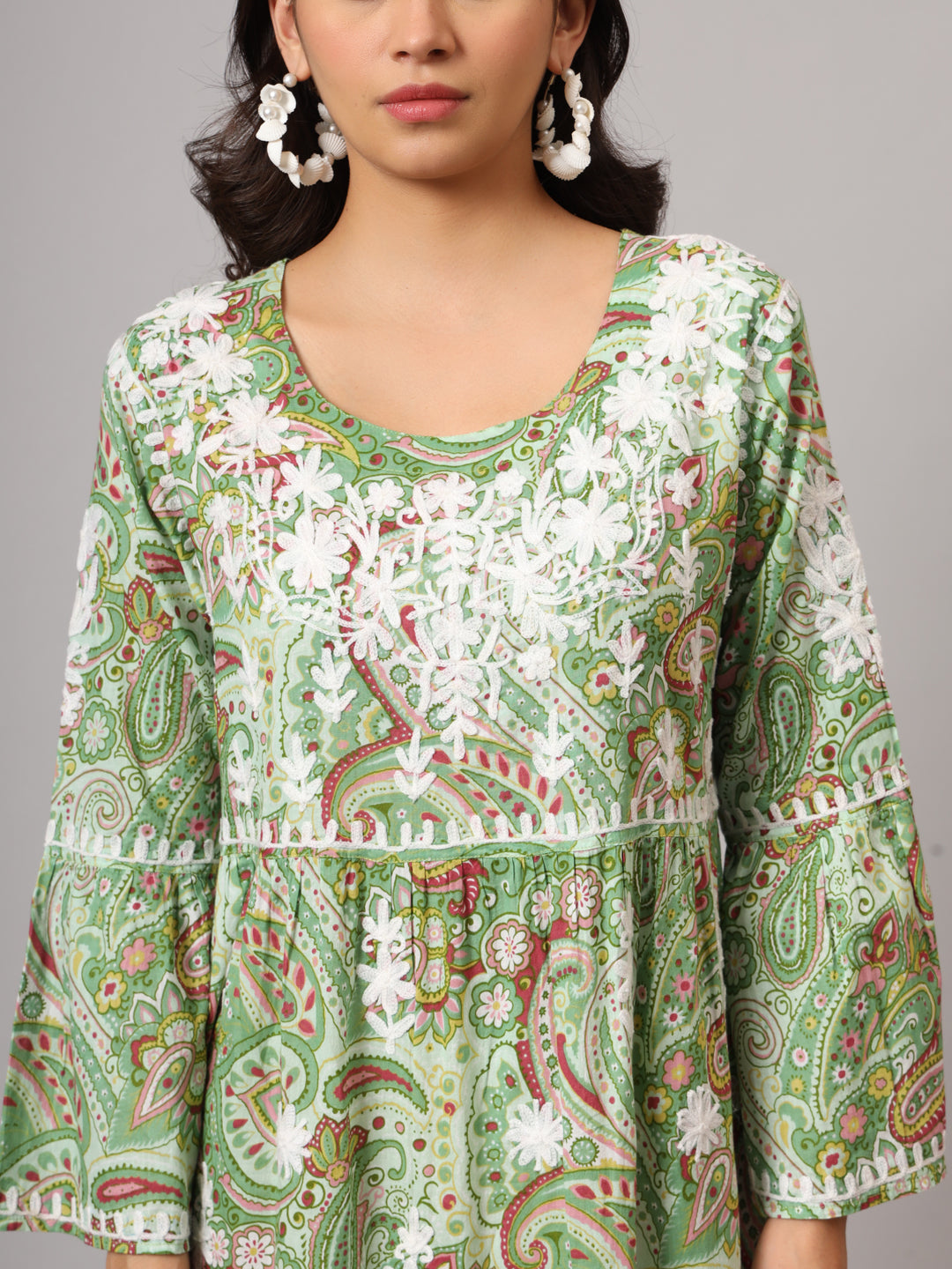 Hand Embroidered Chikankari A-Line Gathering Pattern Mulmul Cotton Jalabiya-AL3673 Green & Brown