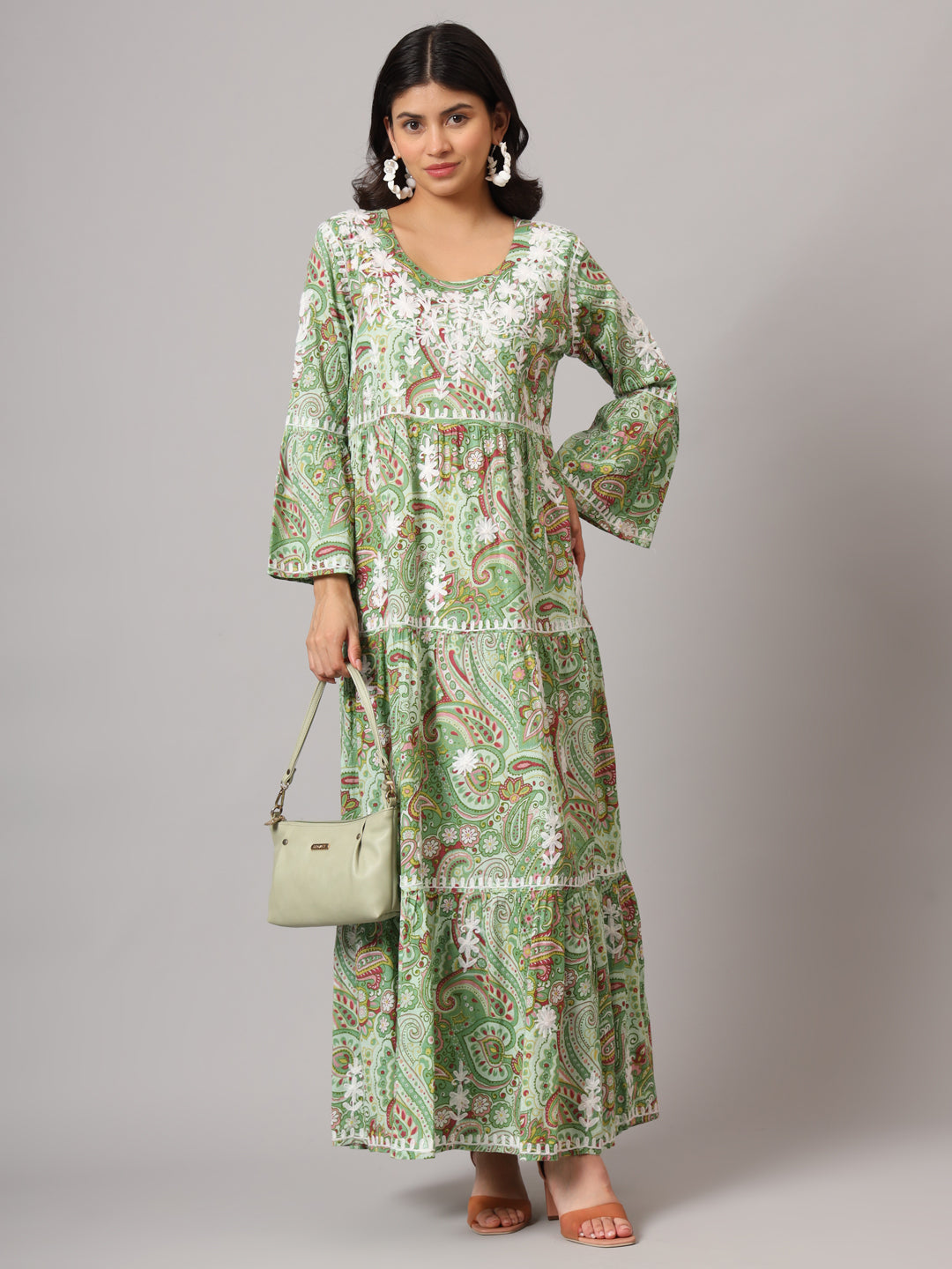 Hand Embroidered Chikankari A-Line Gathering Pattern Mulmul Cotton Jalabiya-AL3673 Green & Brown