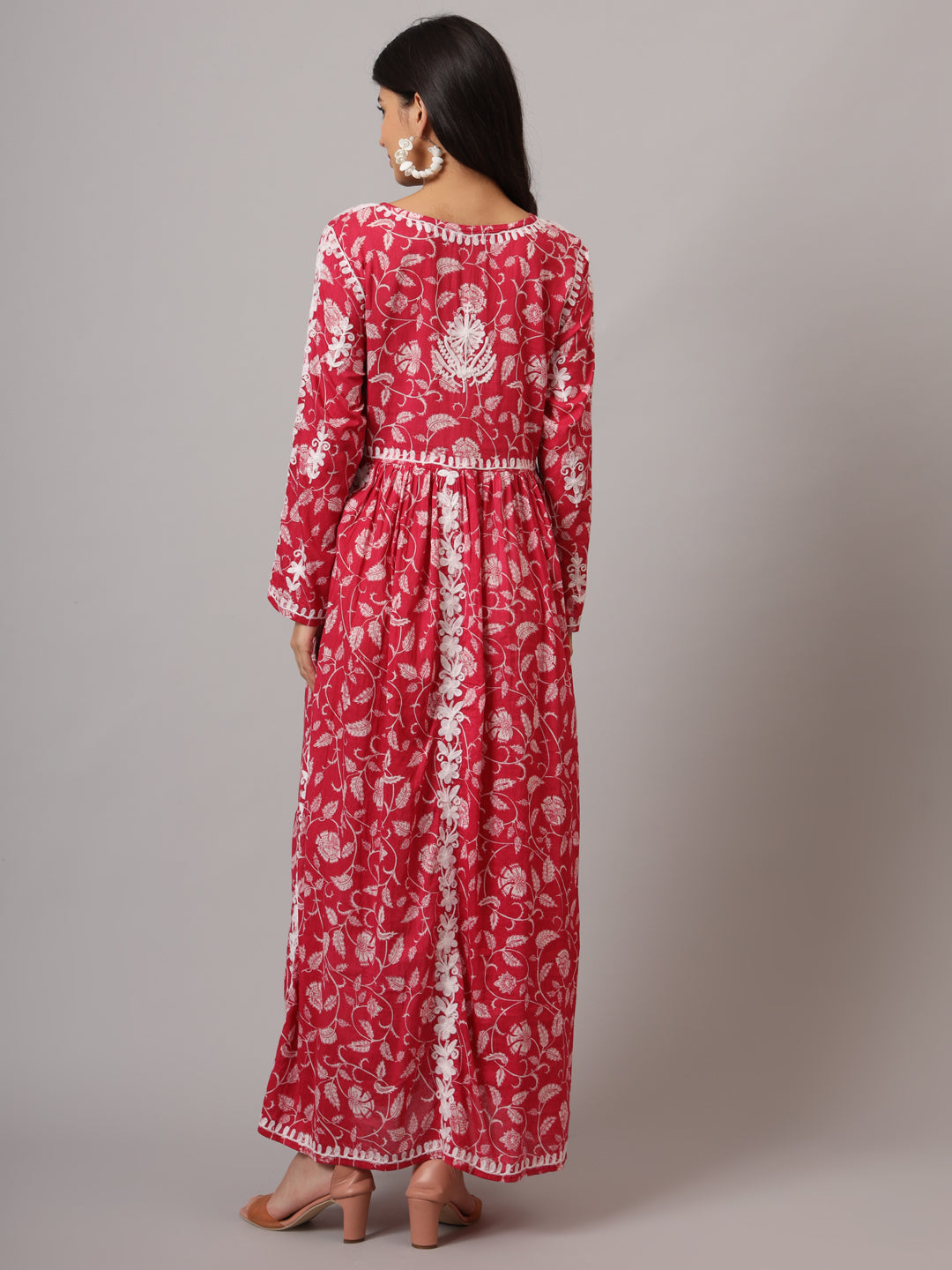 Hand Embroidered Lucknowi Chikankari Printed Mulmul Cotton Jalabiya-AL3936 Red