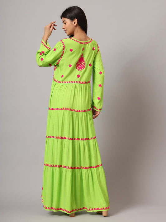 Hand Embroidered Lucknowi Chikankari Rayon Jalabiya-AL3935 Parrotgreen