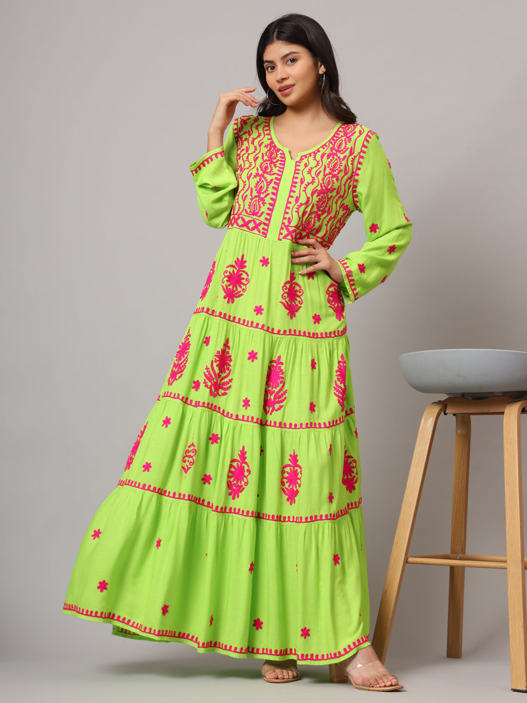 Hand Embroidered Lucknowi Chikankari Rayon Jalabiya-AL3935