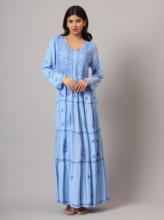 Hand Embroidered Lucknowi Chikankari Rayon Jalabiya-AL3935 Coral