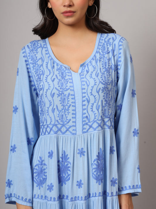 Hand Embroidered Lucknowi Chikankari Rayon Jalabiya-AL3935 Denimblue