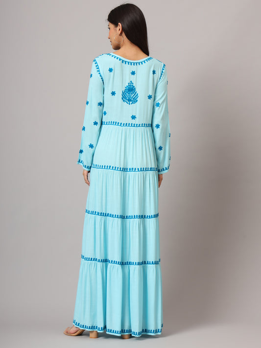 Hand Embroidered Lucknowi Chikankari Rayon Jalabiya-AL3935 Turquoise