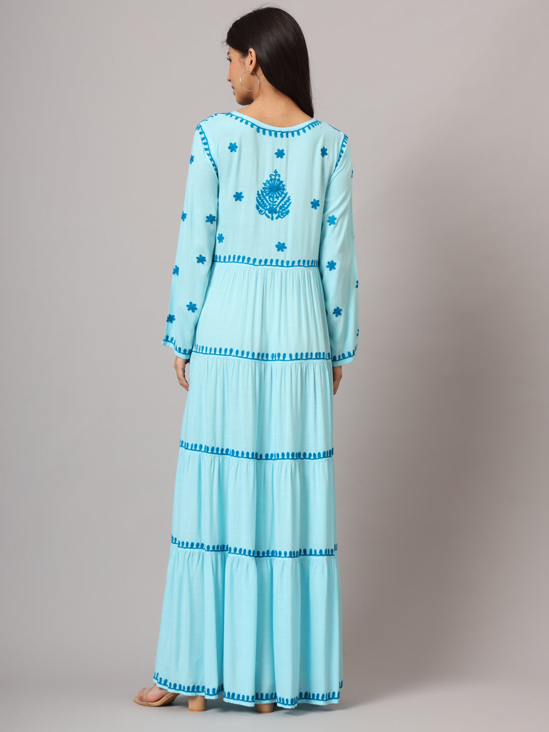 Hand Embroidered Lucknowi Chikankari Rayon Jalabiya-AL3935 Turquoise