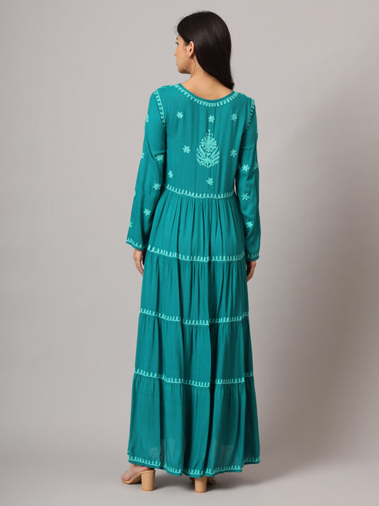 Hand Embroidered Lucknowi Chikankari Rayon Jalabiya-AL3935 Ramagreen