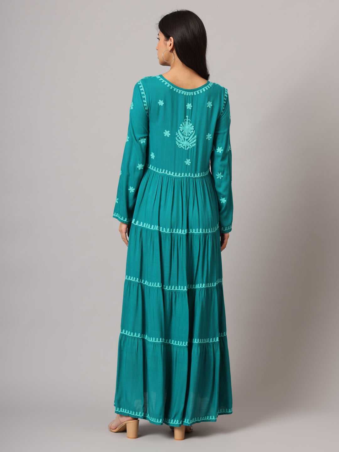 Hand Embroidered Lucknowi Chikankari Rayon Jalabiya-AL3935 Ramagreen