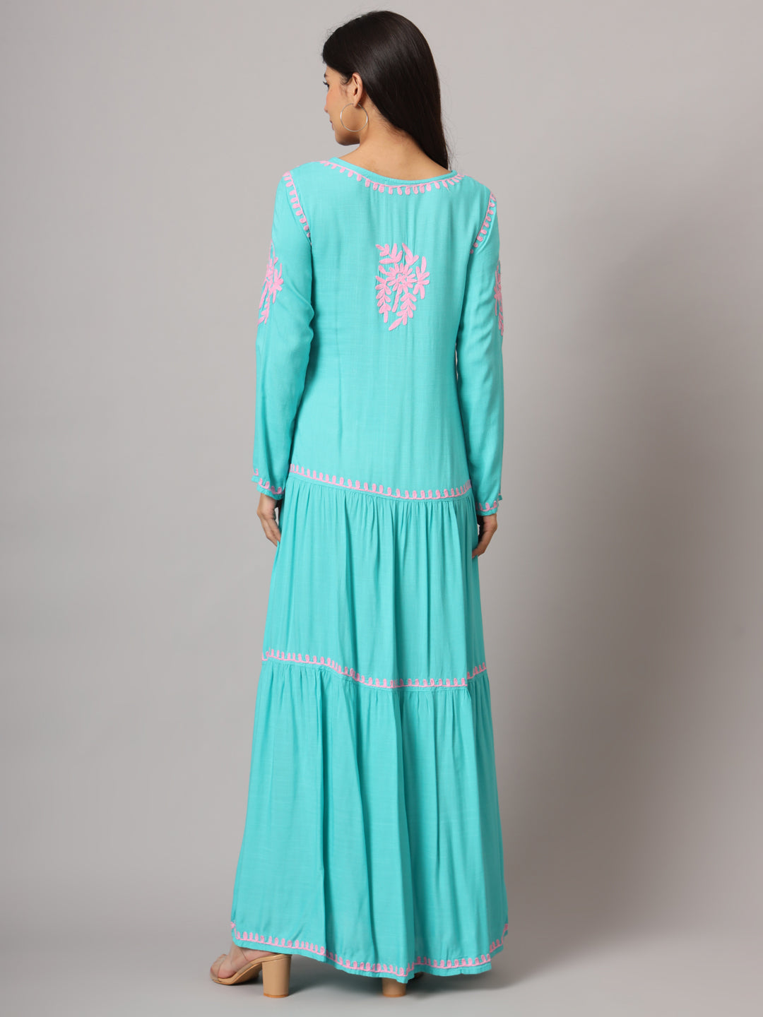 Hand Embroidered Lucknowi Chikankari Cotton Jalabiya-AL3942 Seagreen