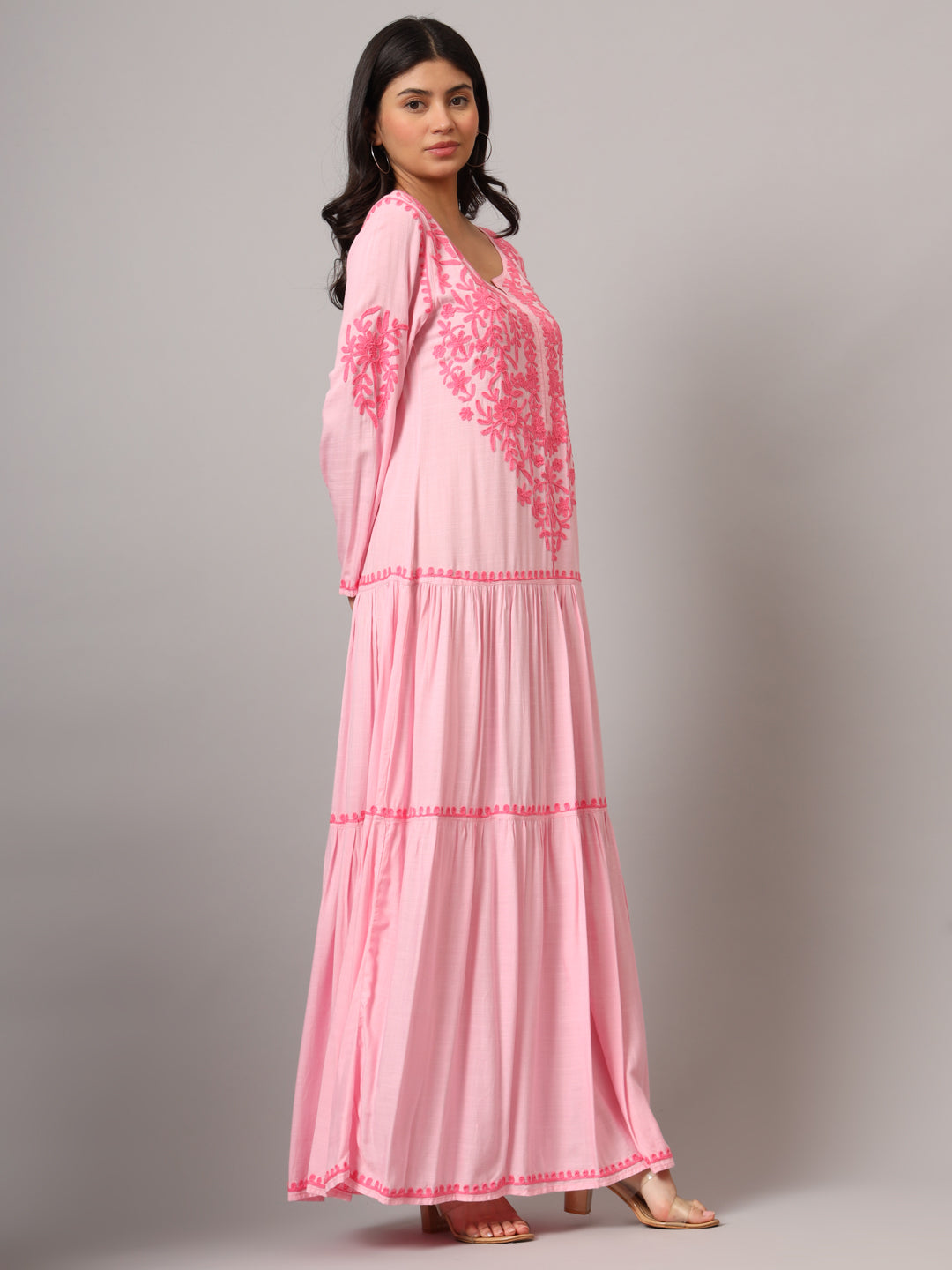 Hand Embroidered Lucknowi Chikankari Cotton Jalabiya-AL3942 Pink