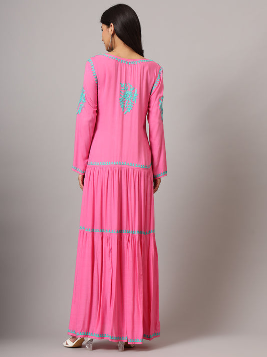 Hand Embroidered Lucknowi Chikankari Cotton Jalabiya-AL3942 Magenta