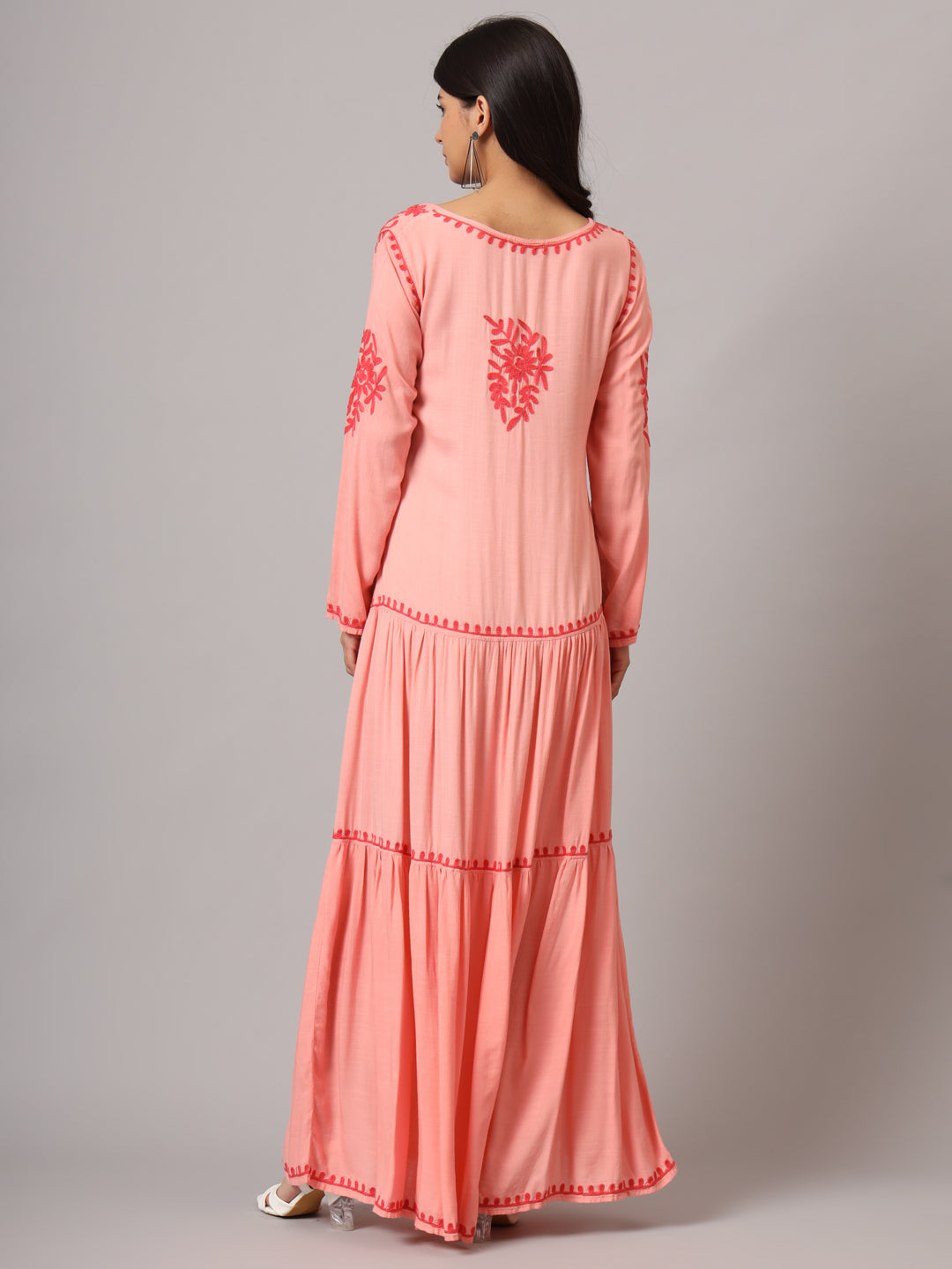 Hand Embroidered Lucknowi Chikankari Cotton Jalabiya-AL3942 Coral