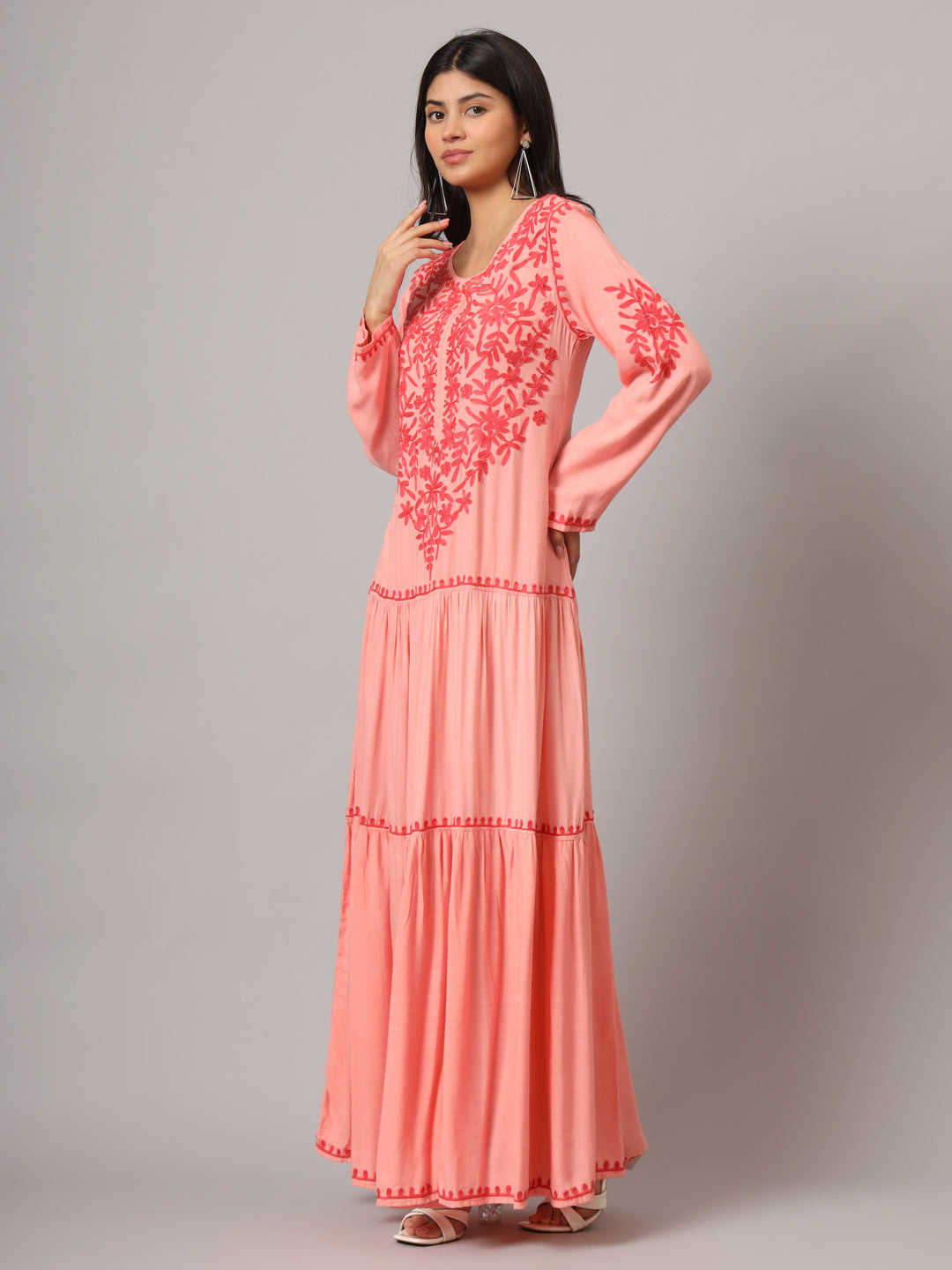 Hand Embroidered Lucknowi Chikankari Cotton Jalabiya-AL3942 Coral