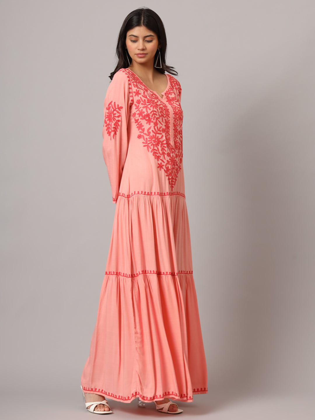 Hand Embroidered Lucknowi Chikankari Cotton Jalabiya-AL3942 Coral
