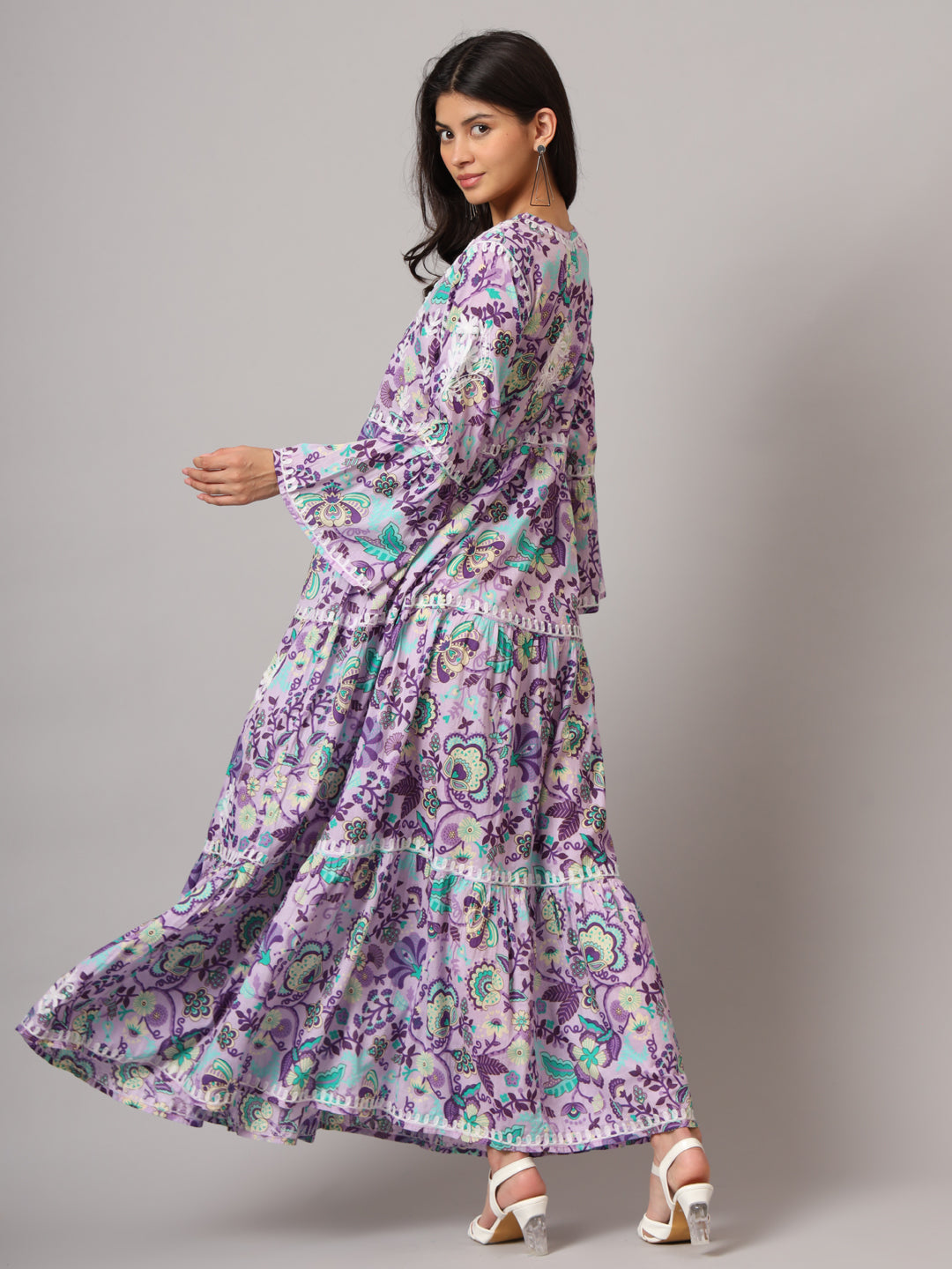 Hand Embroidered Chikankari A-Line Gathering Pattern Mulmul Cotton Jalabiya-AL3673 Lavender & White
