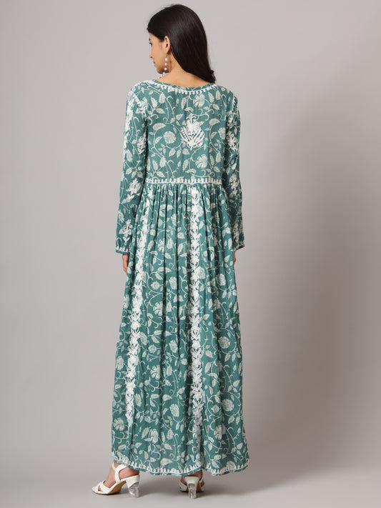 Hand Embroidered Lucknowi Chikankari Printed Mulmul Cotton Jalabiya-AL3936 Green