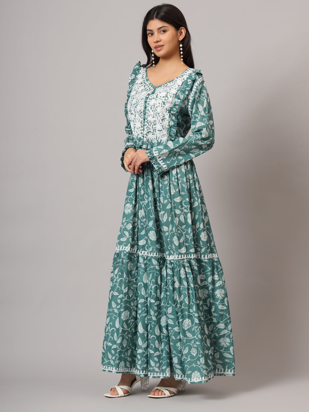 Hand Embroidered Chikankari A-Line Gathering Pattern Mulmul Cotton Jalabiya-AL3941 Seagreen