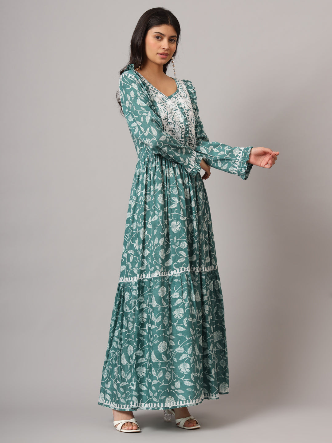 Hand Embroidered Chikankari A-Line Gathering Pattern Mulmul Cotton Jalabiya-AL3941 Seagreen