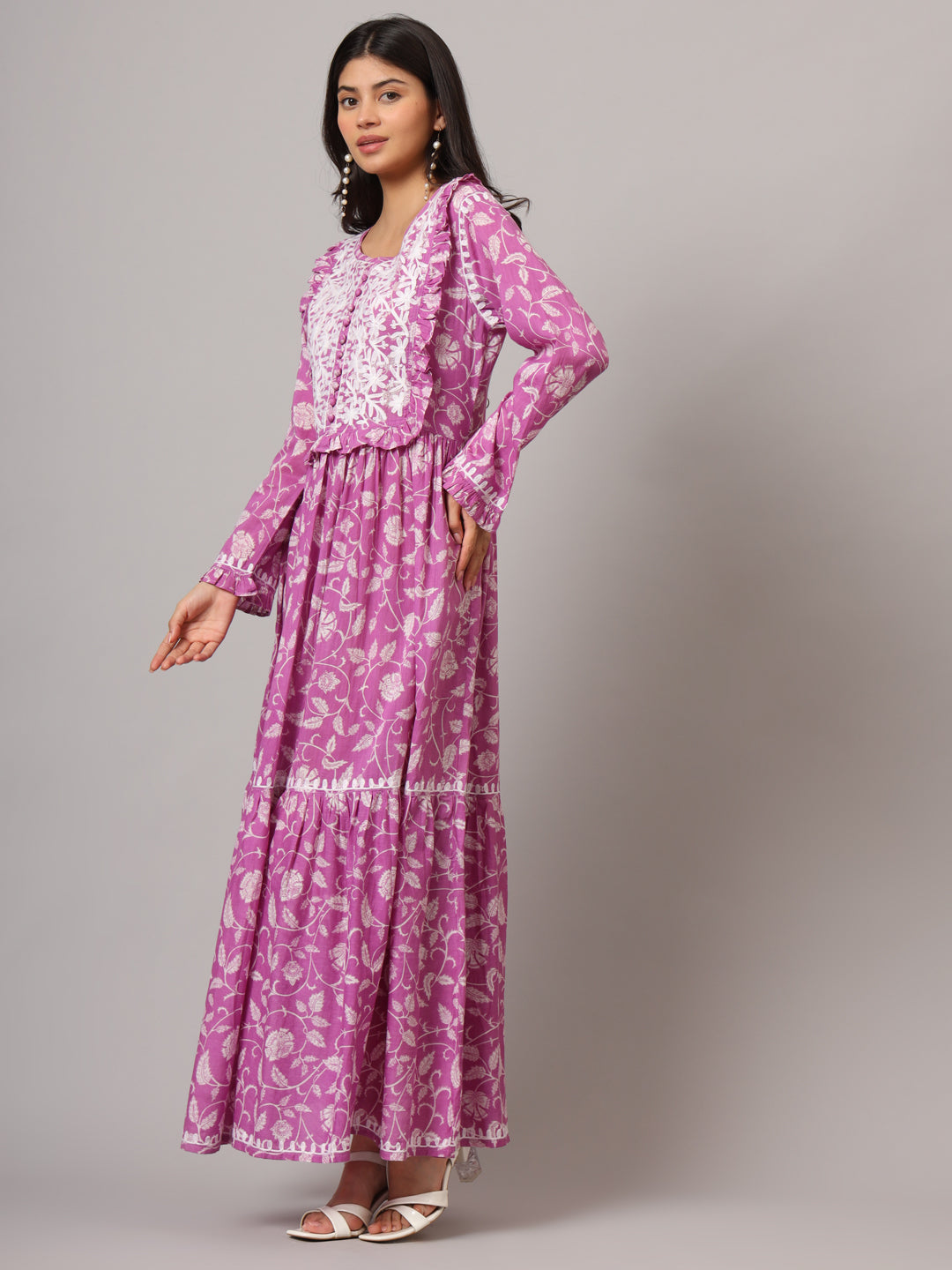 Hand Embroidered Chikankari A-Line Gathering Pattern Mulmul Cotton Jalabiya-AL3941 Hotpink