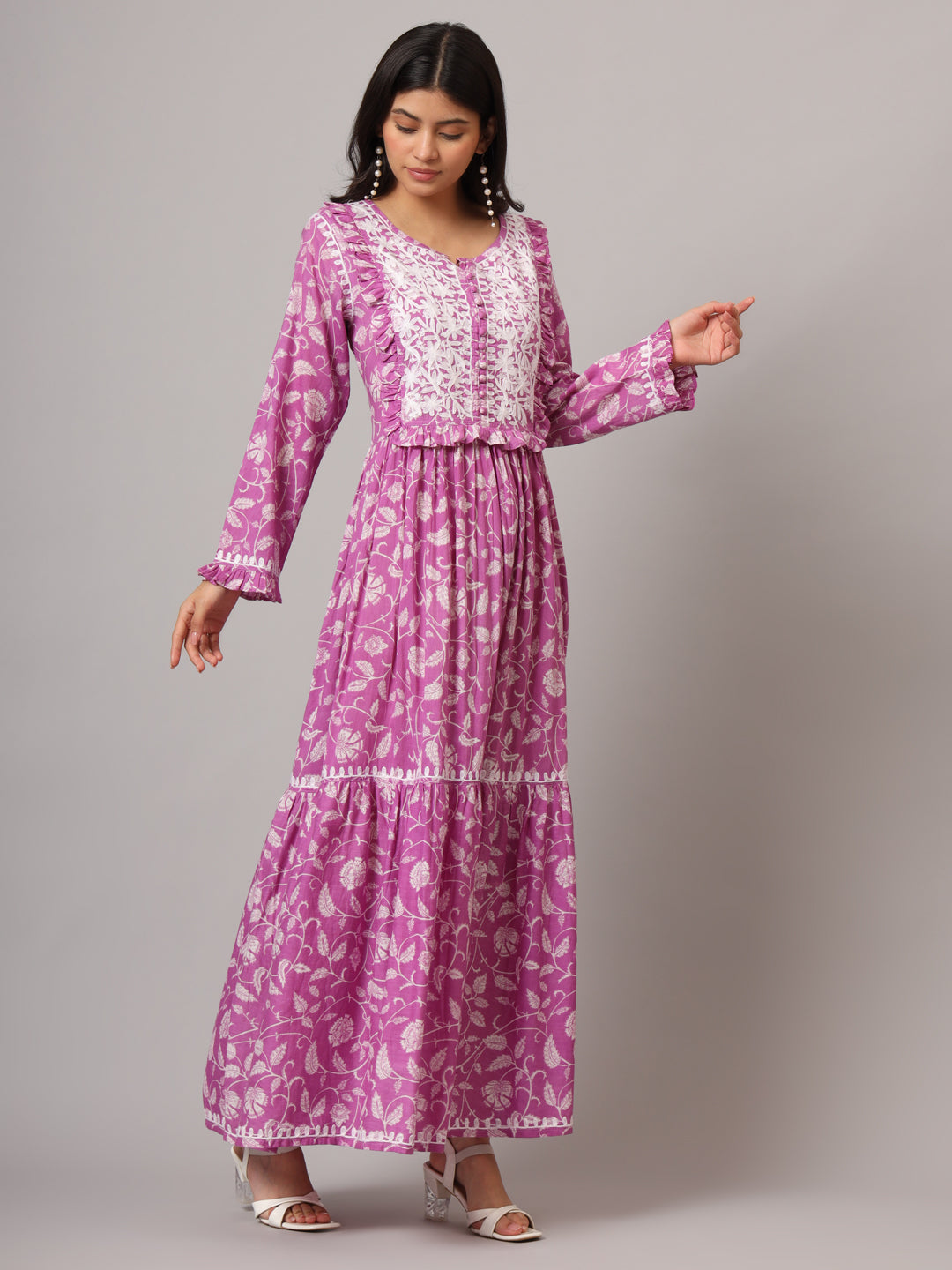 Hand Embroidered Chikankari A-Line Gathering Pattern Mulmul Cotton Jalabiya-AL3941 Hotpink